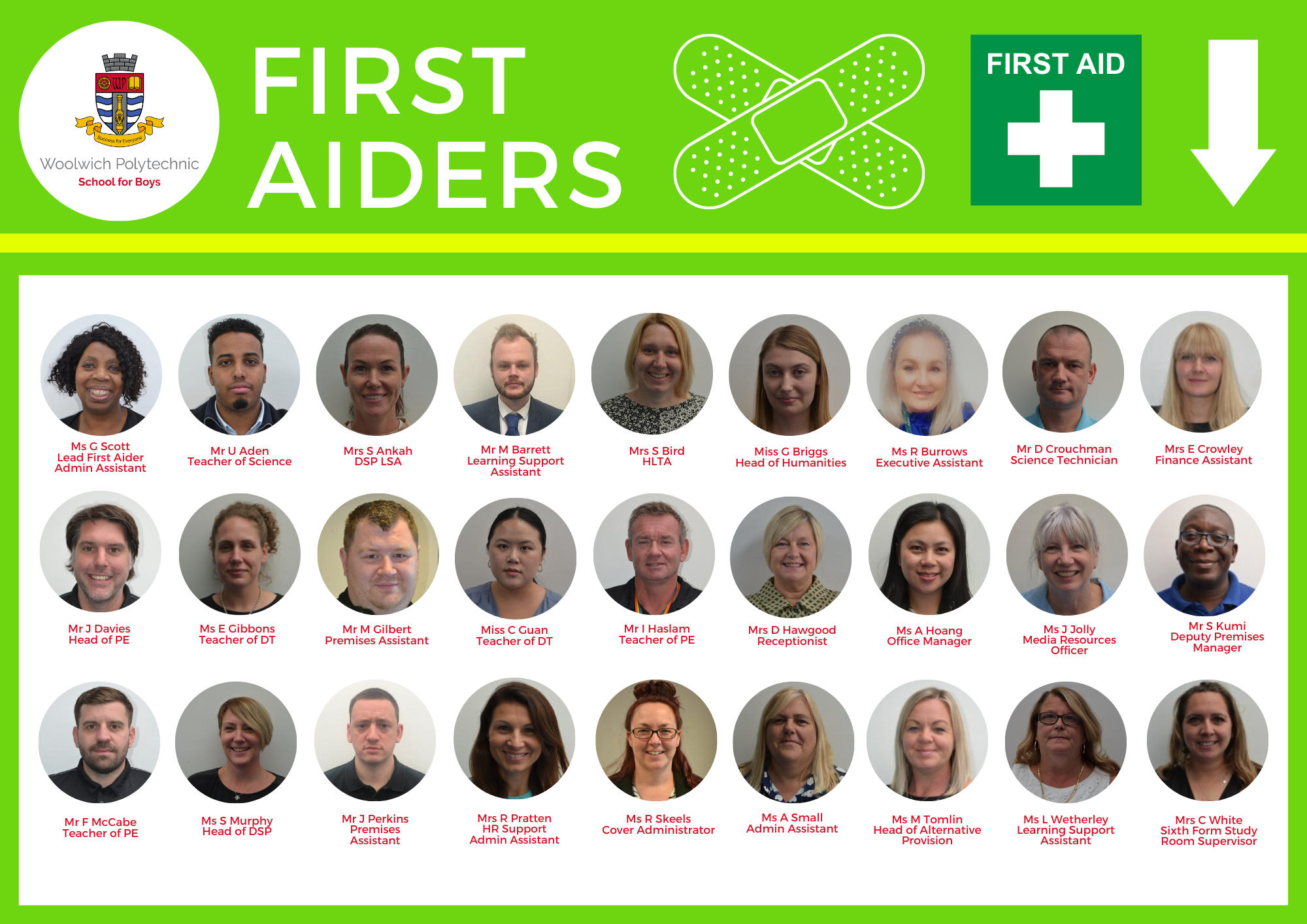 Staff First Aiders pictured with their job titles