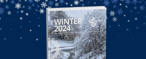 PolyMAT  Front Cover of the Winter 2024 Newsletter with blue and white snowflakes