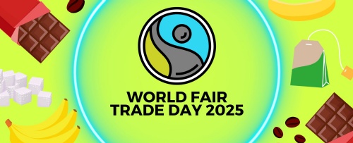 World Fair Trade logo and vector images of chocolate, coffee beans, tea bags and sugar cubes